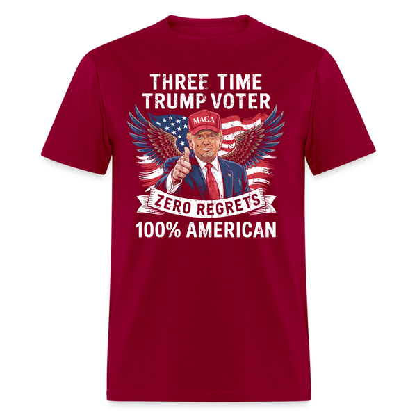 Three Time Trump Voter Zero Regrets 100% American T Shirt - dark red