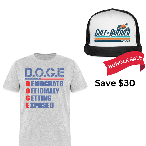 D.O.G.E Democrats Officially Patriotic T Shirt + Gulf Of America Trucker Hat Bundle
