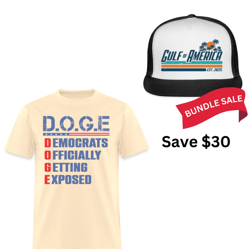 D.O.G.E Democrats Officially Patriotic T Shirt + Gulf Of America Trucker Hat Bundle