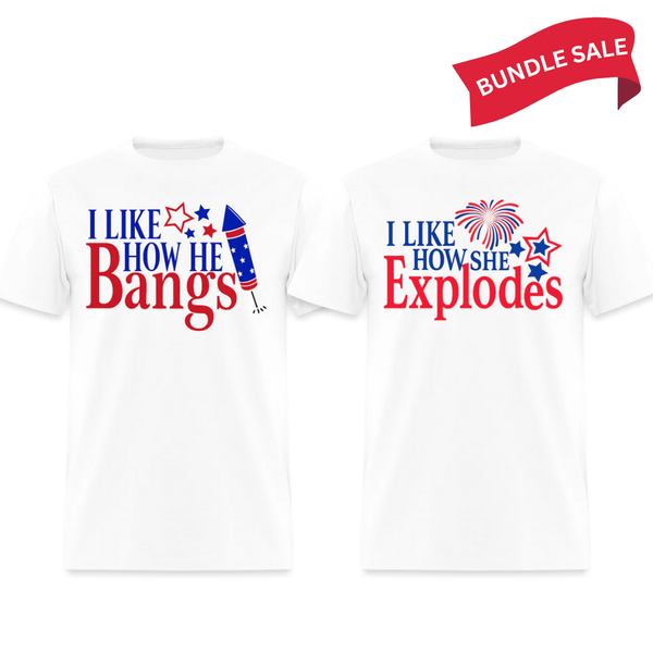 Like How He Bangs + She Explodes White T Shirt Bundle (Set of 2)