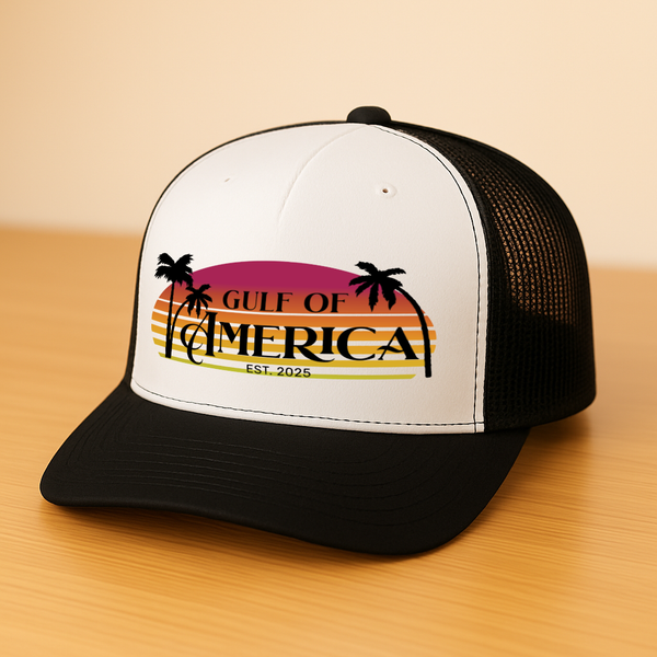Gulf Of America Est. 2025 Retro Sunset Trucker Hat